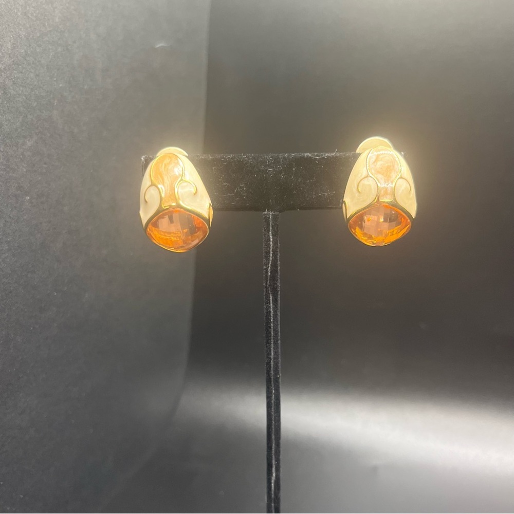 Vintage joan rivers amber glass clip earrings gold tone enamel designer